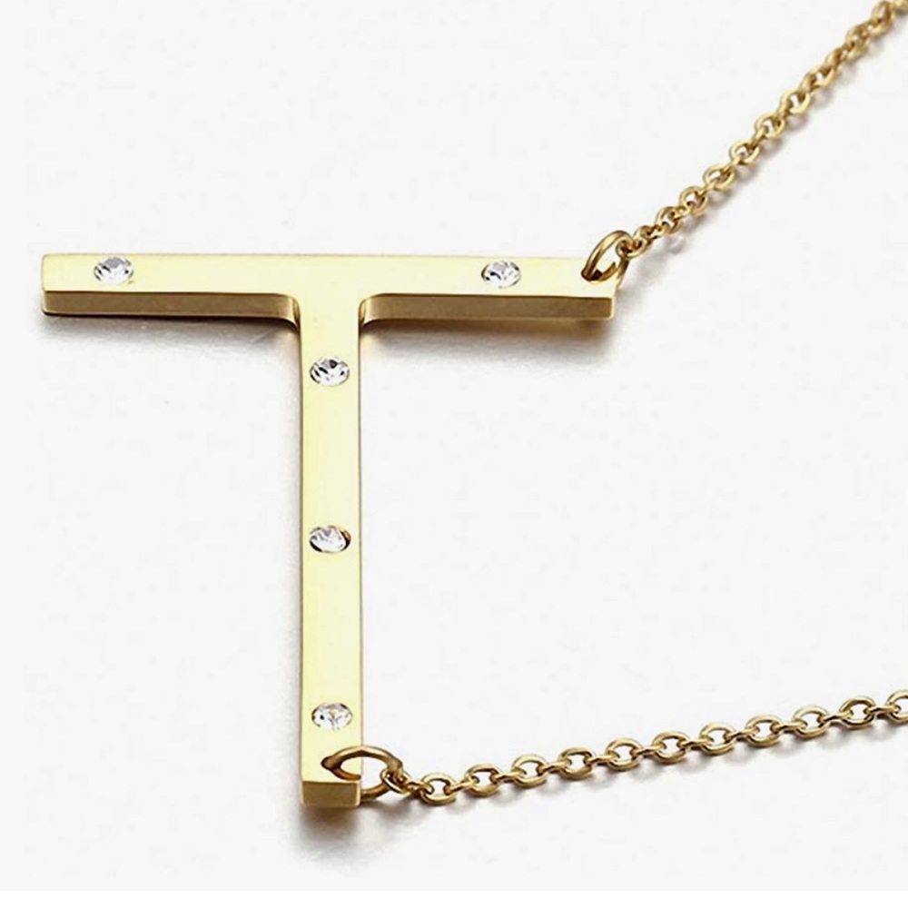 Gold  T  Sideways Initial Pendant Cubic Zirconia Double Side Name Neckllace